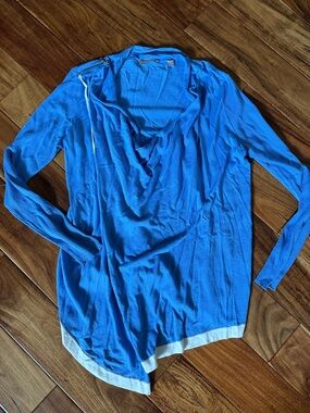 Cashmere Addiction, Lightweight Blue Draped Cardigan with White Hem, Sz S, EUC